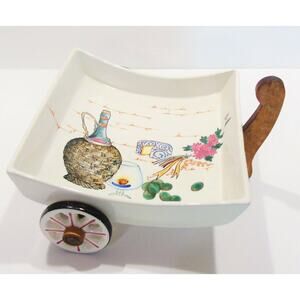 Del Coronado Nasco Porcelain Cart Bowl Fruit Cheese Tray Wagon Rolls Wood Handle